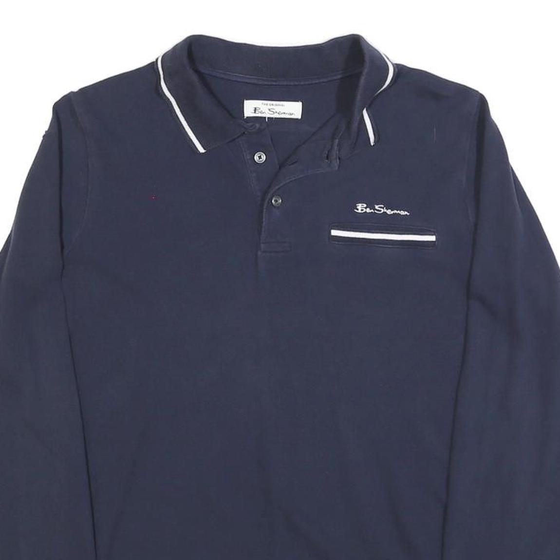BEN SHERMAN Mens Navy Blue Long Sleeve Plain Polo Shirt S Cotton Blend
