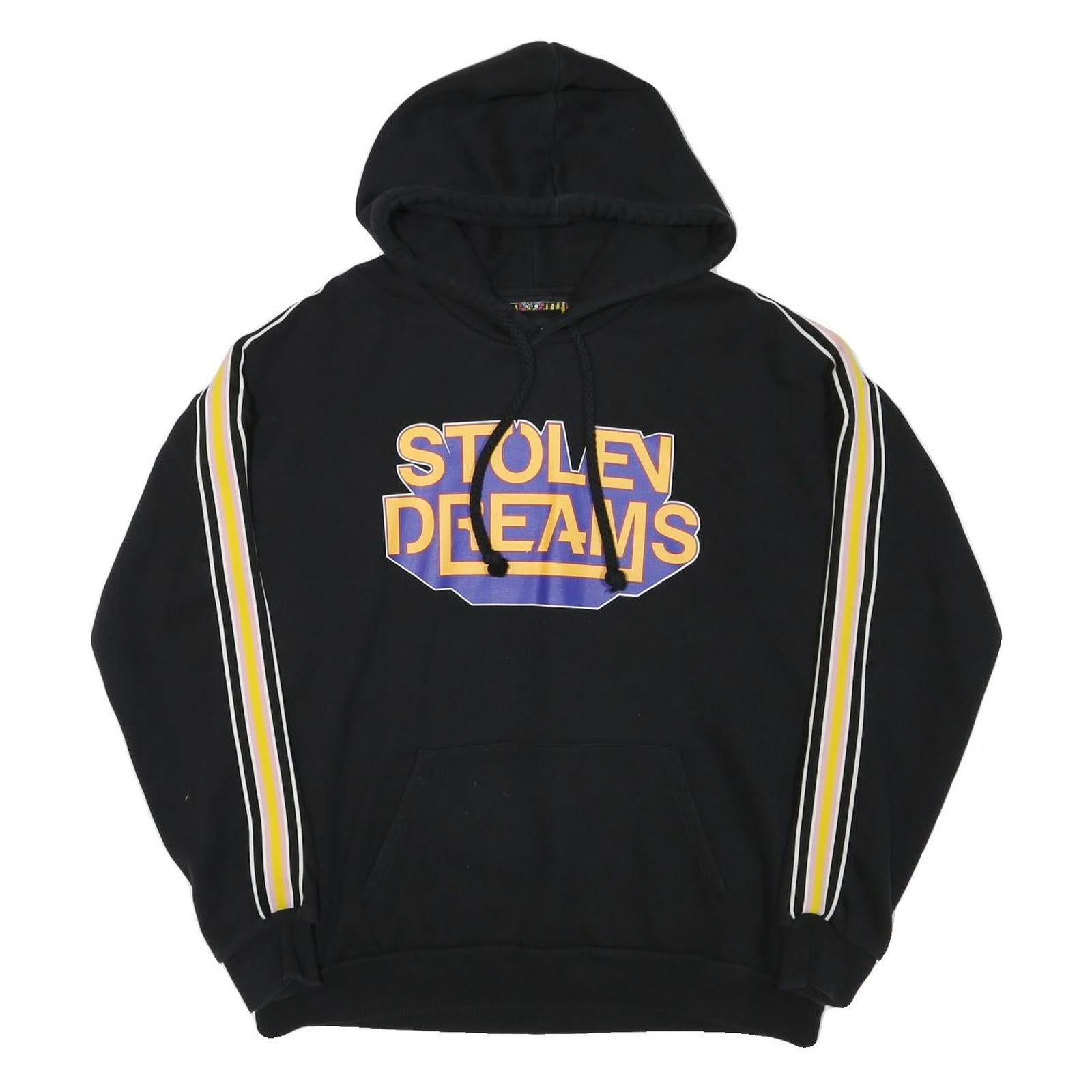 BERSHKA Mens Black Hoodie M Stolen Dreams Print Striped Sleeves Pullover