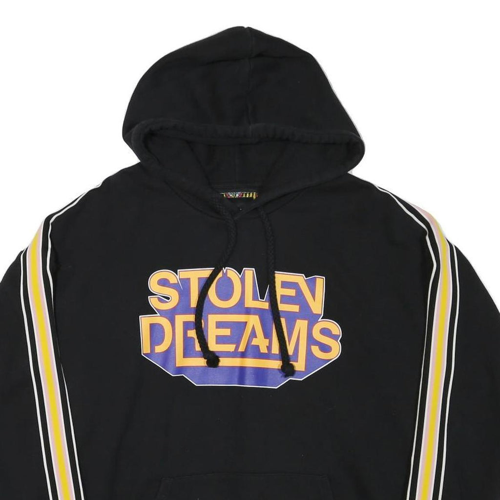 BERSHKA Mens Black Hoodie M Stolen Dreams Print Striped Sleeves Pullover