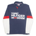 TOMMY HILFIGER DENIM Mens Polo Shirt Blue 90s Colourblock Long Sleeve L