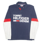 TOMMY HILFIGER DENIM Mens Polo Shirt Blue 90s Colourblock Long Sleeve L