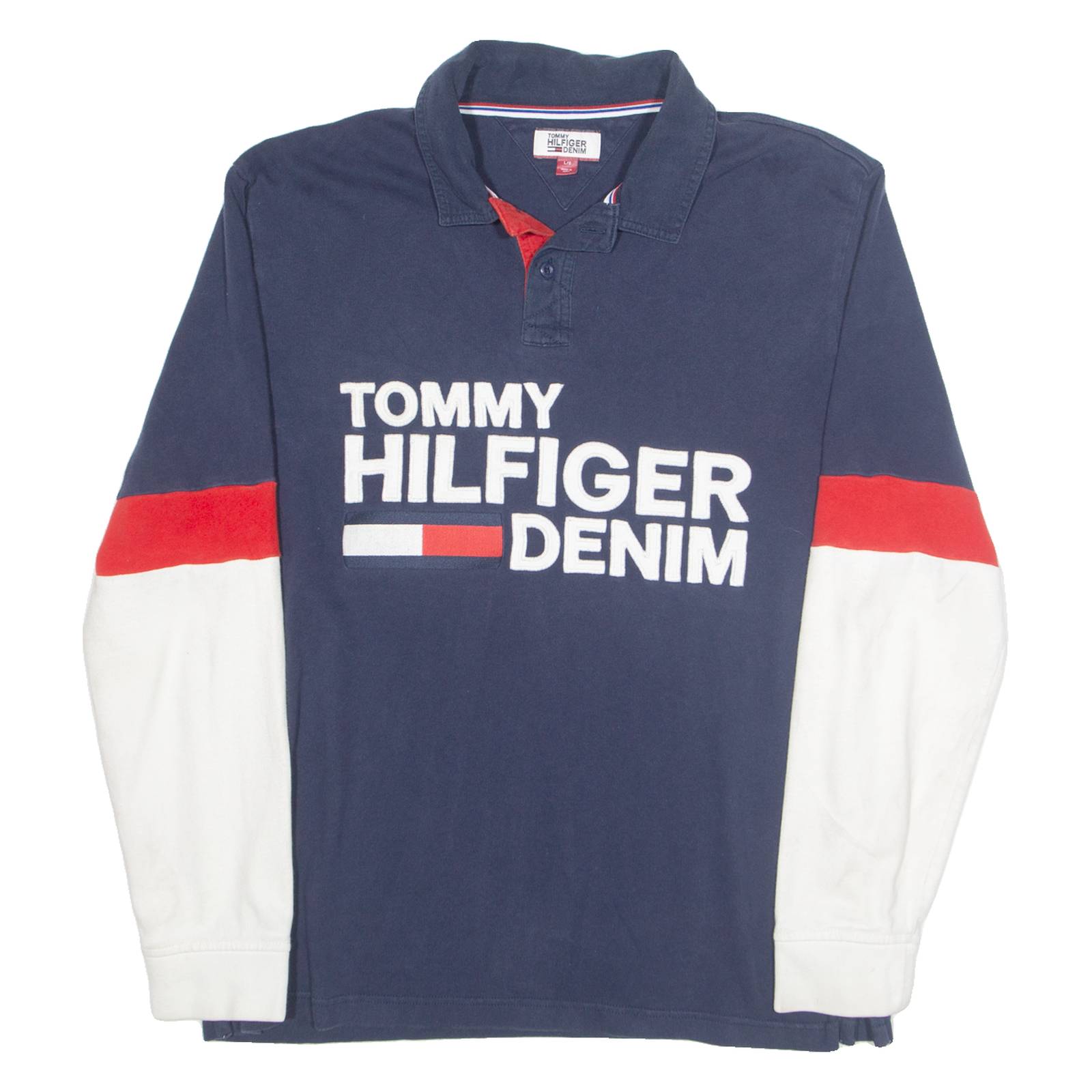 TOMMY HILFIGER DENIM Mens Polo Shirt Blue 90s Colourblock Long Sleeve L