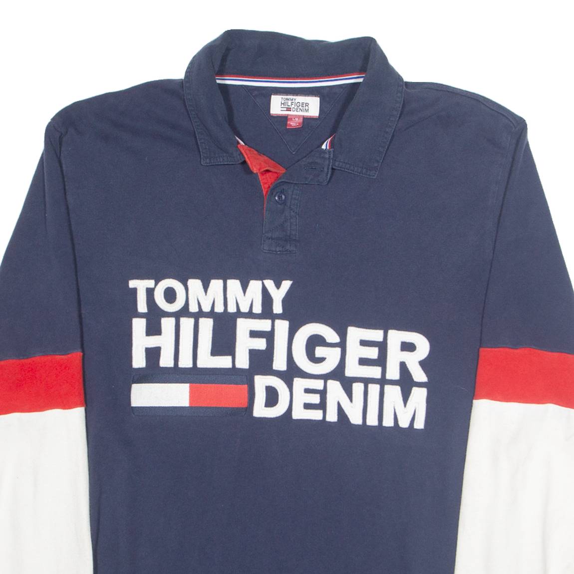TOMMY HILFIGER DENIM Mens Polo Shirt Blue 90s Colourblock Long Sleeve L