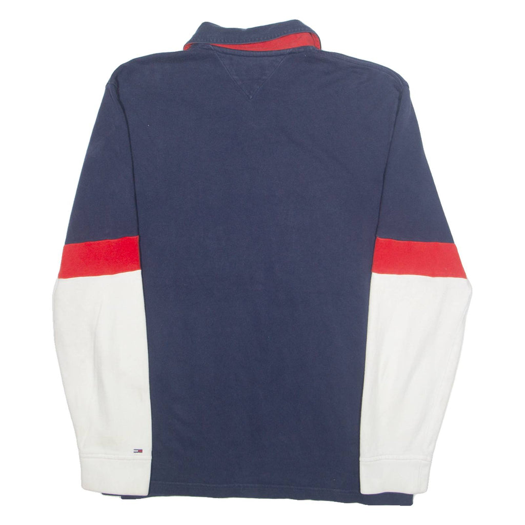 TOMMY HILFIGER DENIM Mens Polo Shirt Blue 90s Colourblock Long Sleeve L
