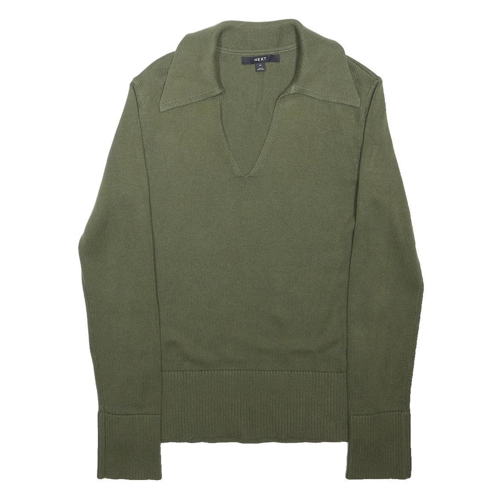 NEXT Womens Green Plain Polo Collar Basic Knit XS V-Neck Cotton Jumper
