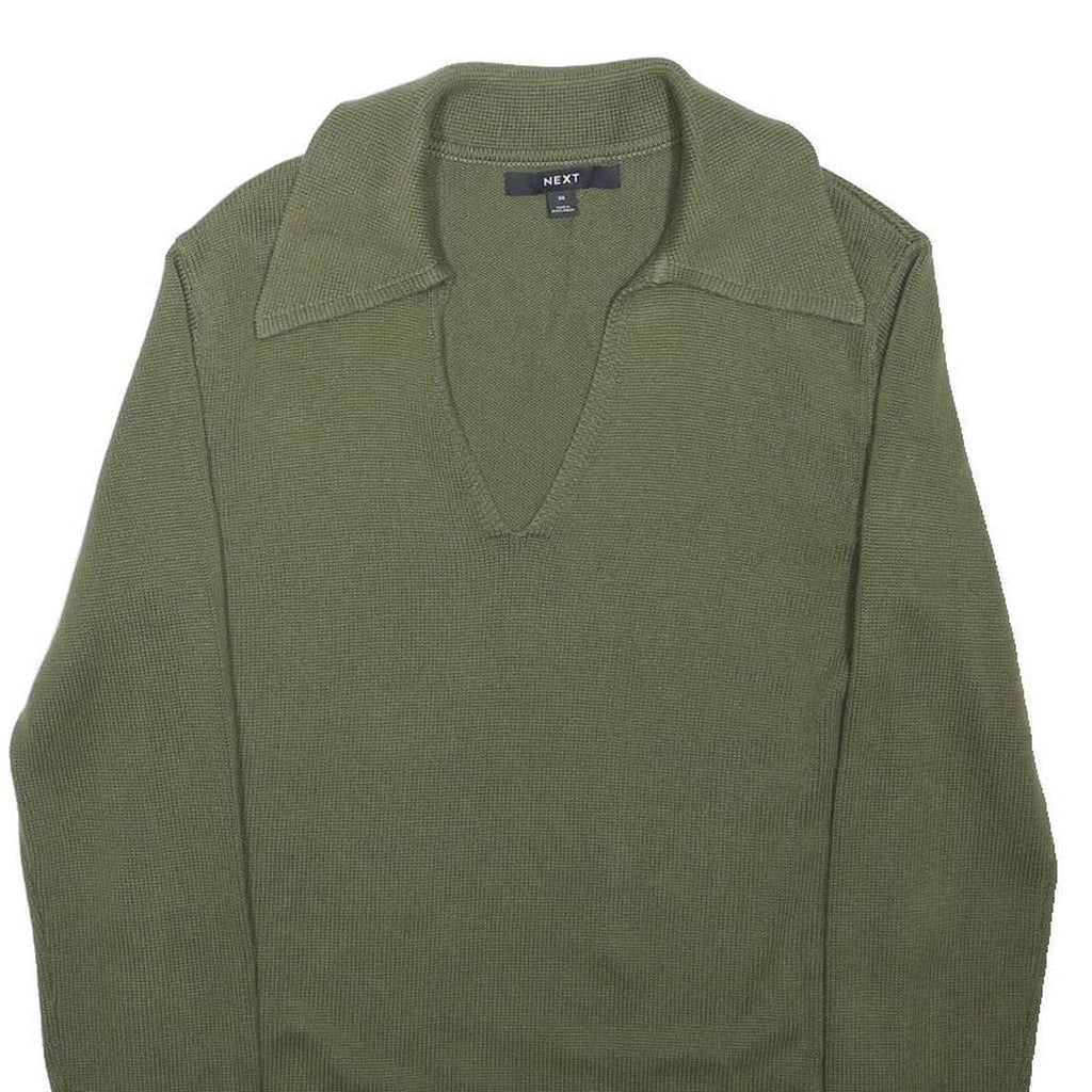 NEXT Womens Green Plain Polo Collar Basic Knit XS V-Neck Cotton Jumper