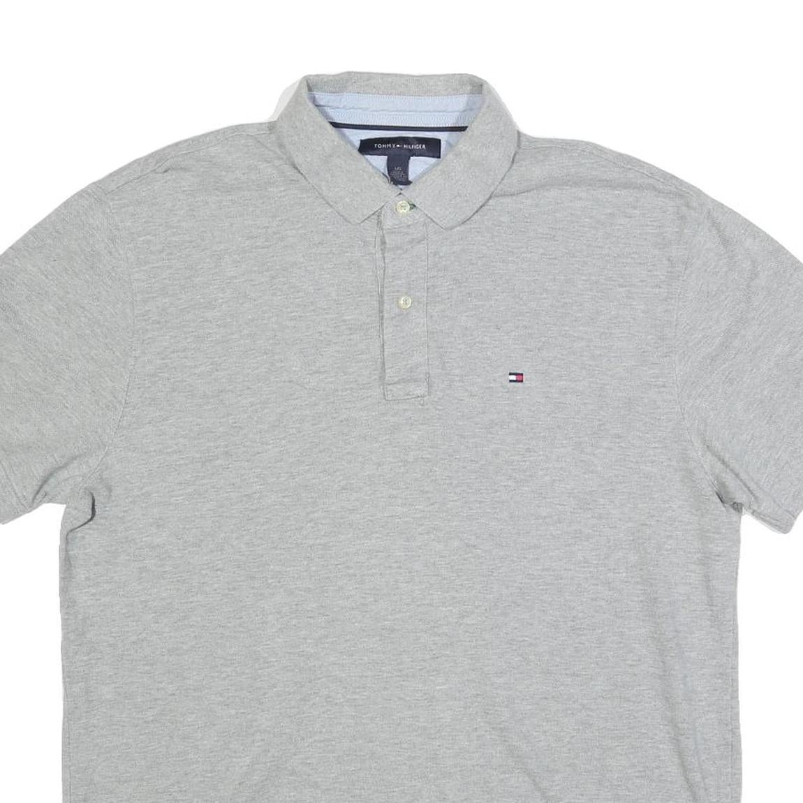 TOMMY HILFIGER Mens Grey Short Sleeve Plain Polo Shirt L Classic Cotton Blend