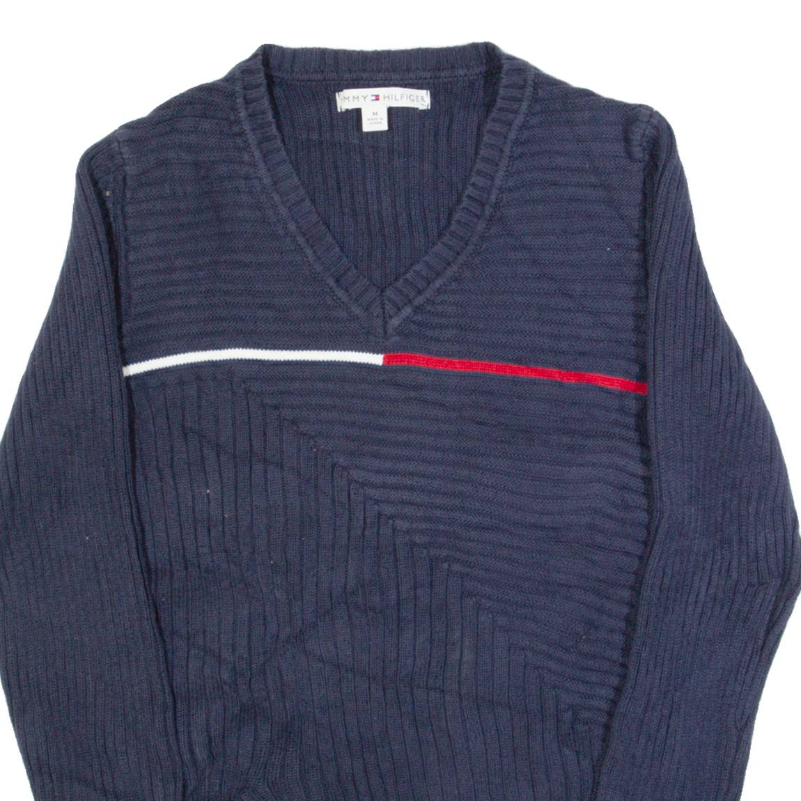 TOMMY HILFIGER Womens Jumper Blue V-Neck Tight Knit M