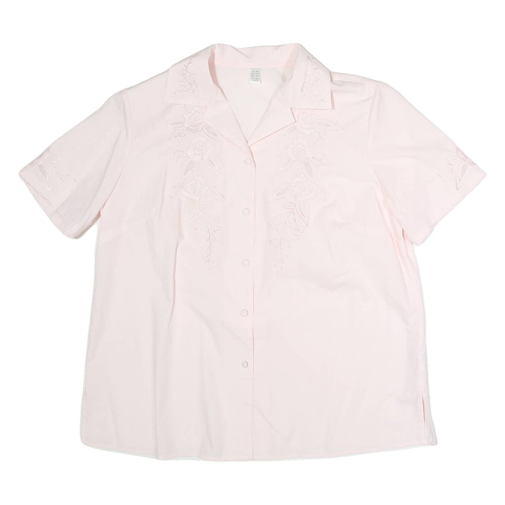 Womens Pink Embroidered Cotton Blend Shirt Short Sleeve Collared Size L Casual