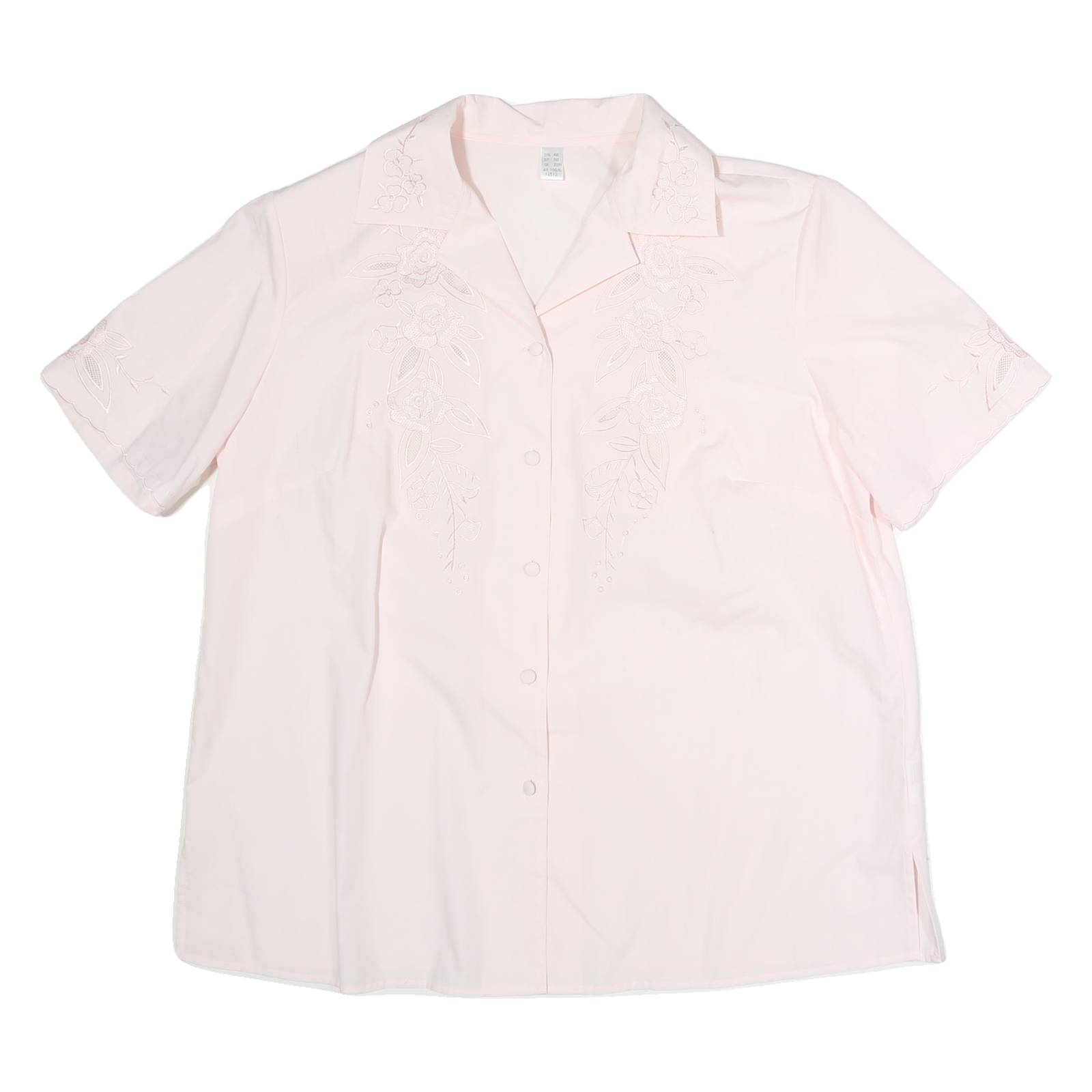 Womens Pink Embroidered Cotton Blend Shirt Short Sleeve Collared Size L Casual