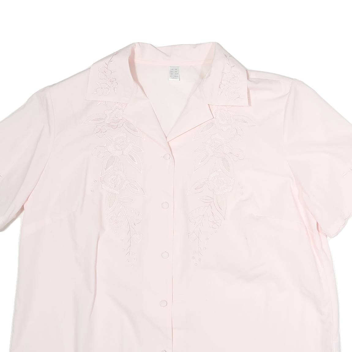 Womens Pink Embroidered Cotton Blend Shirt Short Sleeve Collared Size L Casual