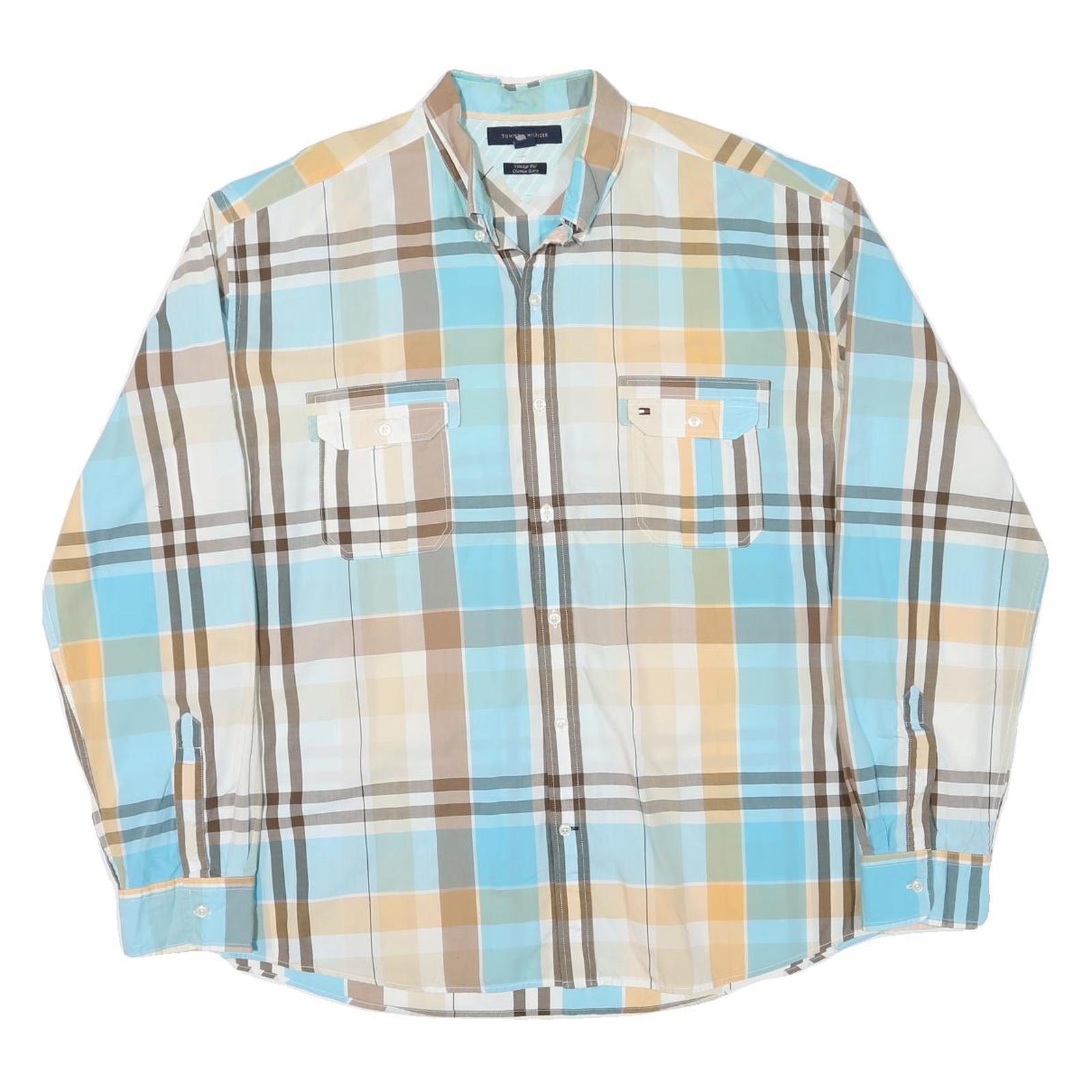 TOMMY HILFIGER Mens Blue & Beige Check Shirt 2XL Cotton Blend Button Pocket