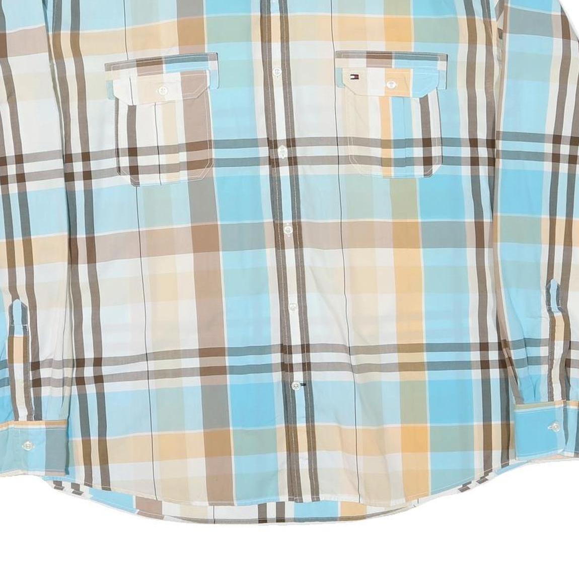 TOMMY HILFIGER Mens Blue & Beige Check Shirt 2XL Cotton Blend Button Pocket