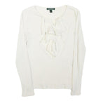 LAUREN RALPH LAUREN Womens White Ruffle Front Cotton Blend Long Sleeve Round