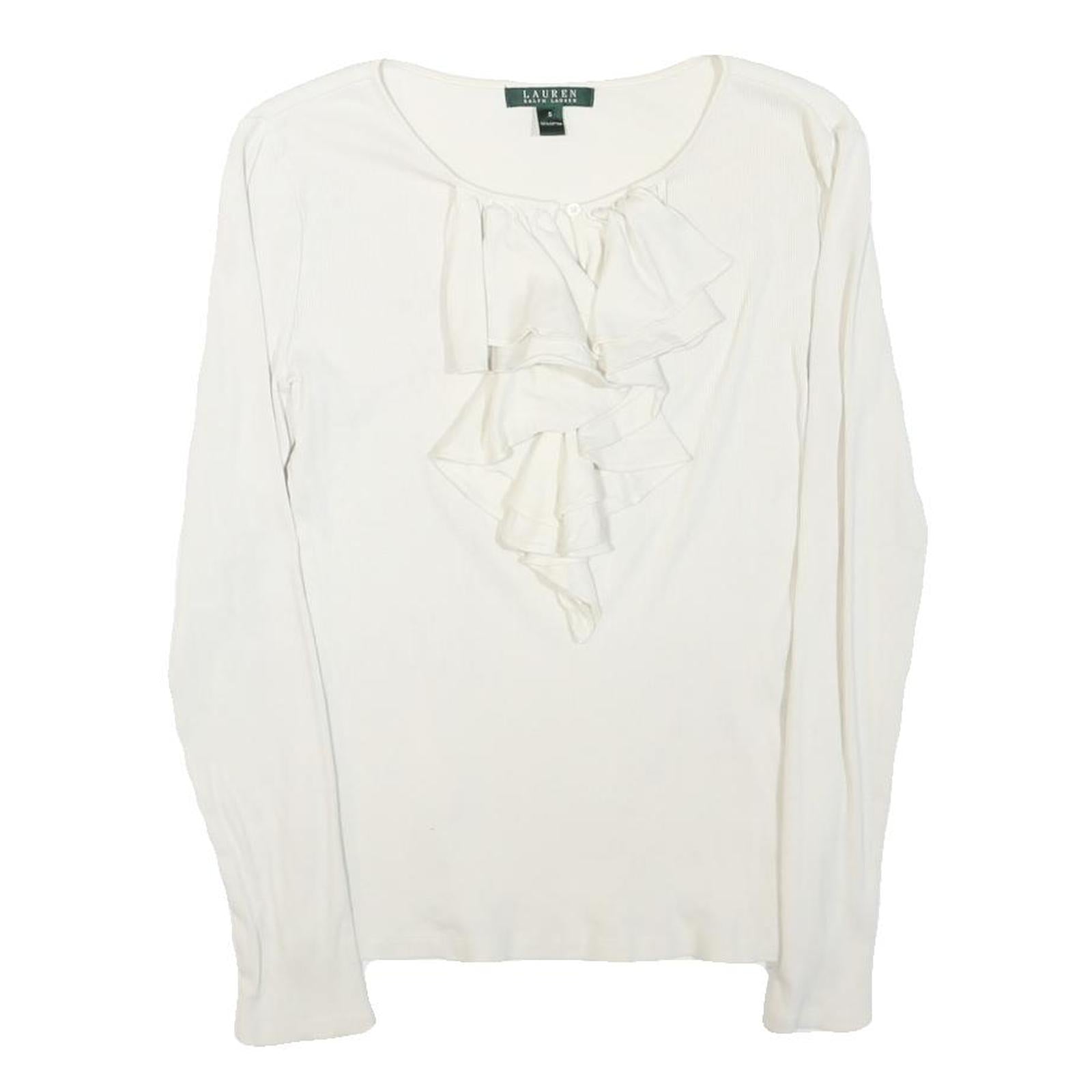 LAUREN RALPH LAUREN Womens White Ruffle Front Cotton Blend Long Sleeve Round