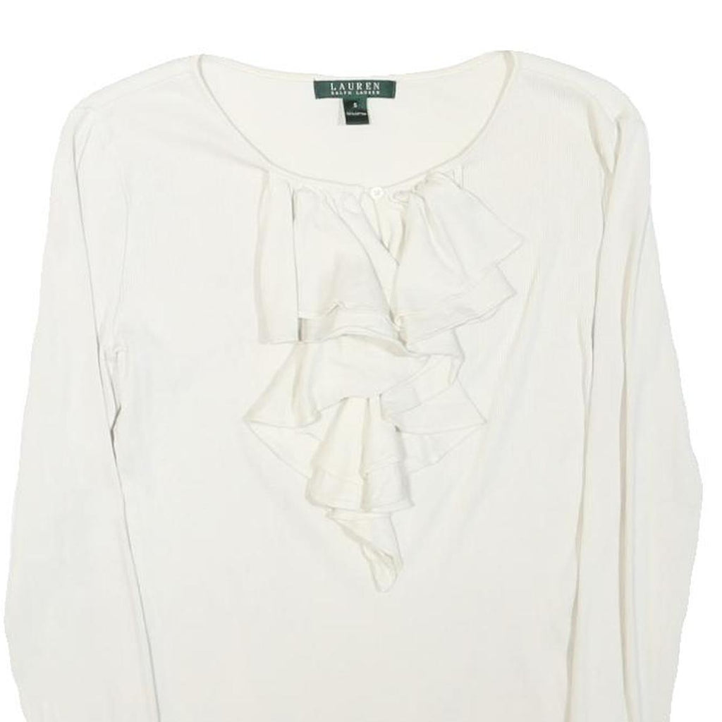 LAUREN RALPH LAUREN Womens White Ruffle Front Cotton Blend Long Sleeve Round