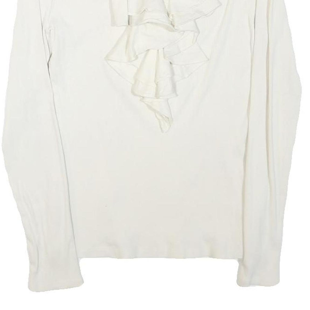 LAUREN RALPH LAUREN Womens White Ruffle Front Cotton Blend Long Sleeve Round