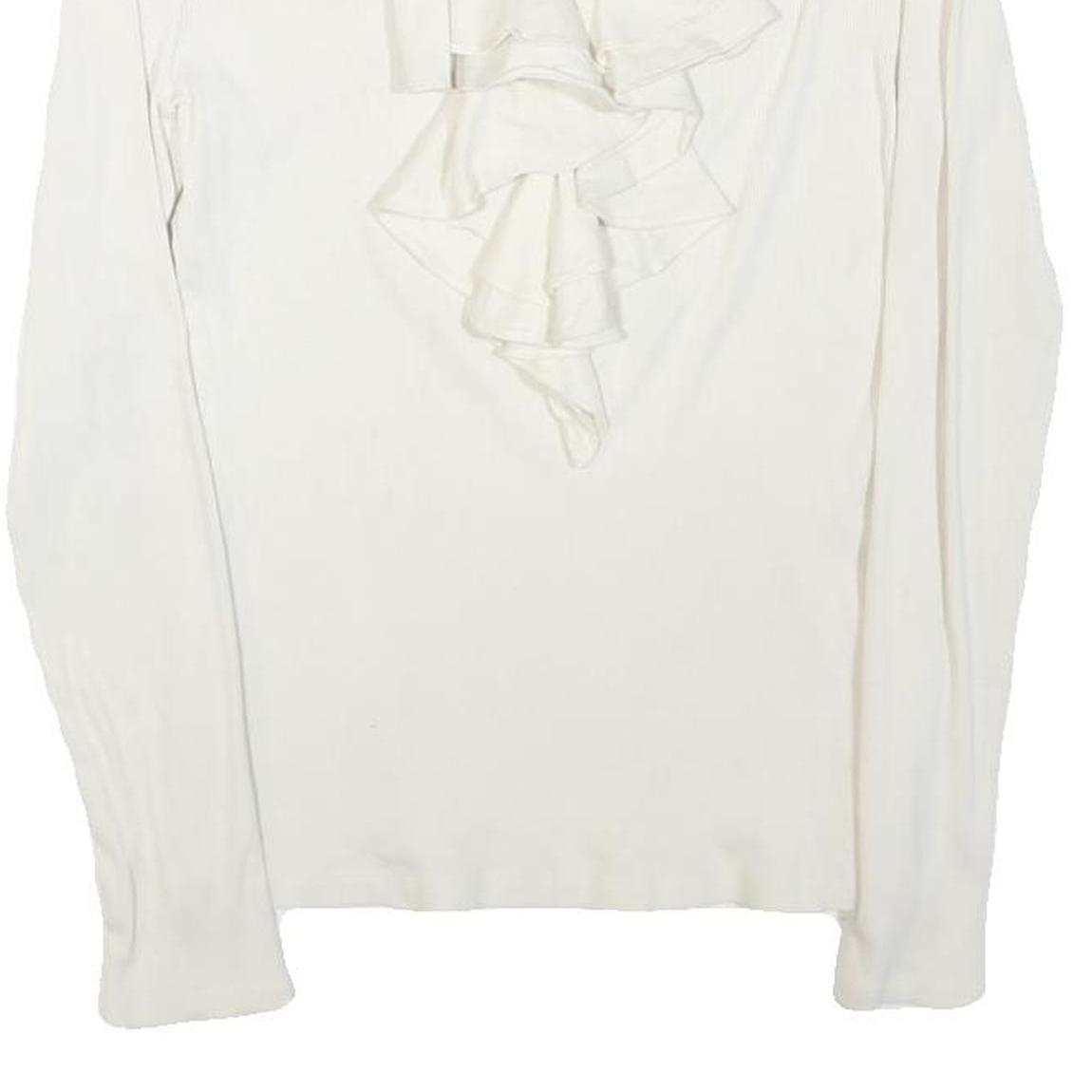 LAUREN RALPH LAUREN Womens White Ruffle Front Cotton Blend Long Sleeve Round
