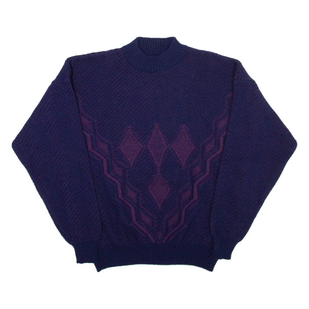 Mens Patterned Jumper Blue Diamond High Neck Open Knit L
