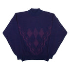 Mens Patterned Jumper Blue Diamond High Neck Open Knit L