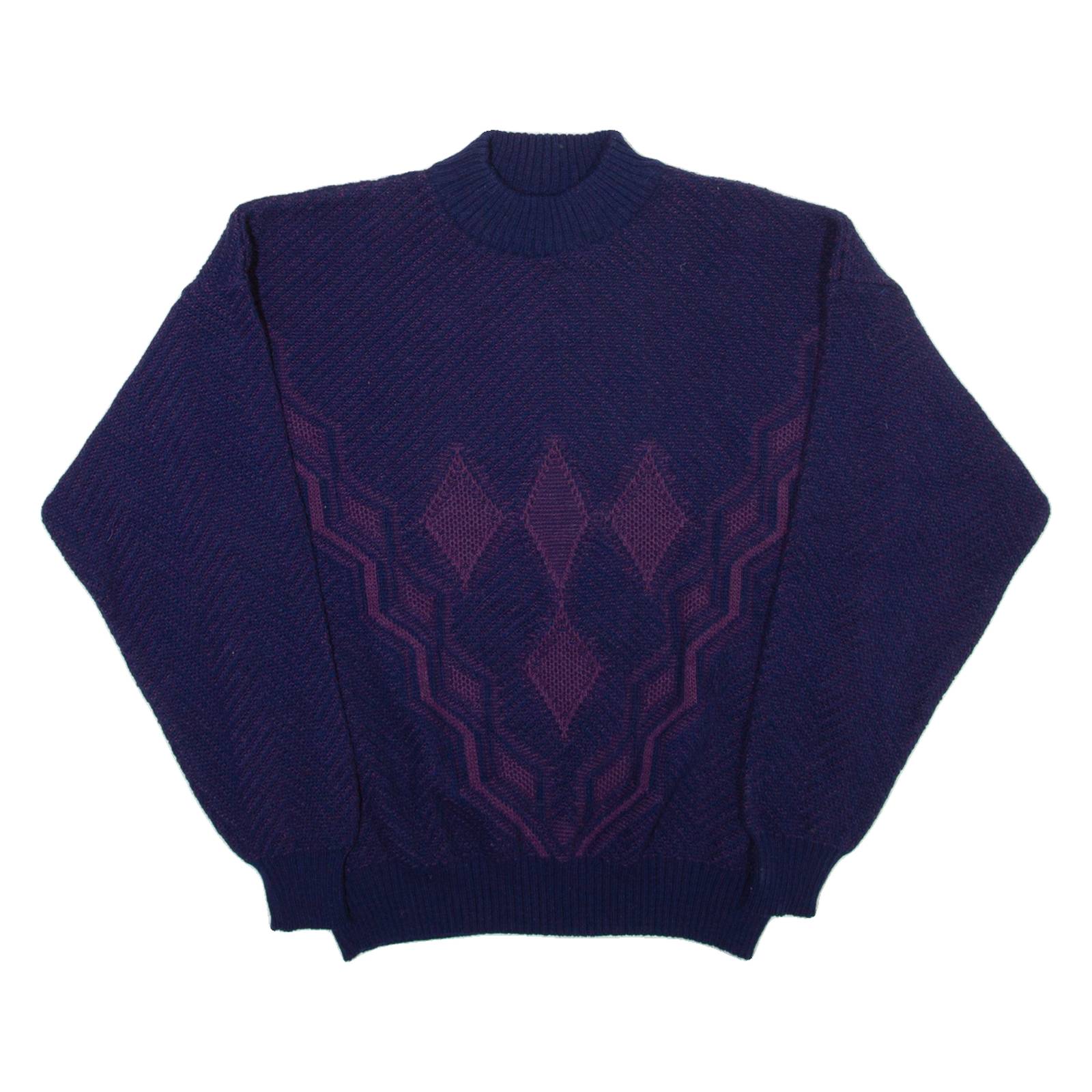 Mens Patterned Jumper Blue Diamond High Neck Open Knit L