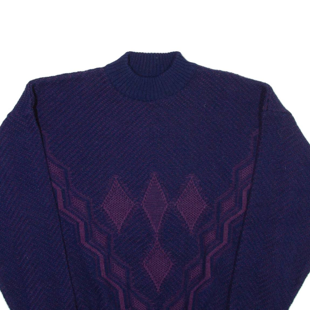 Mens Patterned Jumper Blue Diamond High Neck Open Knit L