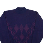 Mens Patterned Jumper Blue Diamond High Neck Open Knit L