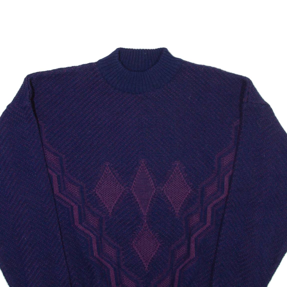 Mens Patterned Jumper Blue Diamond High Neck Open Knit L