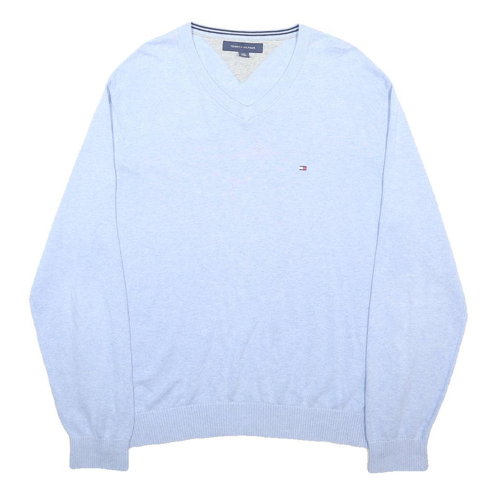 TOMMY HILFIGER Mens Blue Plain Cotton Jumper V-Neck Basic Knit L Casual Wear