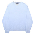 TOMMY HILFIGER Mens Blue Plain Cotton Jumper V-Neck Basic Knit L Casual Wear