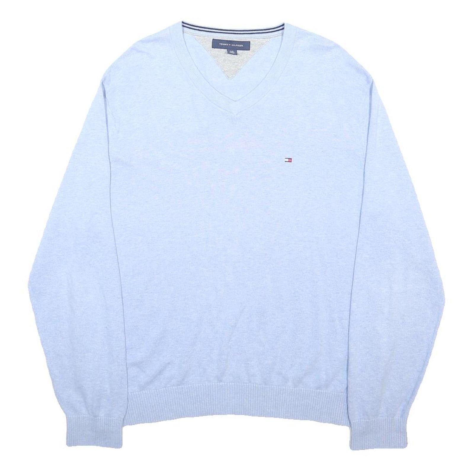 TOMMY HILFIGER Mens Blue Plain Cotton Jumper V-Neck Basic Knit L Casual Wear