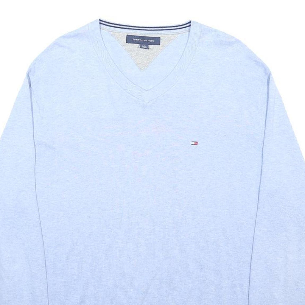 TOMMY HILFIGER Mens Blue Plain Cotton Jumper V-Neck Basic Knit L Casual Wear