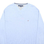 TOMMY HILFIGER Mens Blue Plain Cotton Jumper V-Neck Basic Knit L Casual Wear