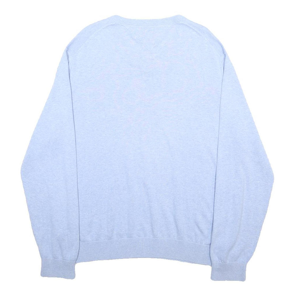 TOMMY HILFIGER Mens Blue Plain Cotton Jumper V-Neck Basic Knit L Casual Wear