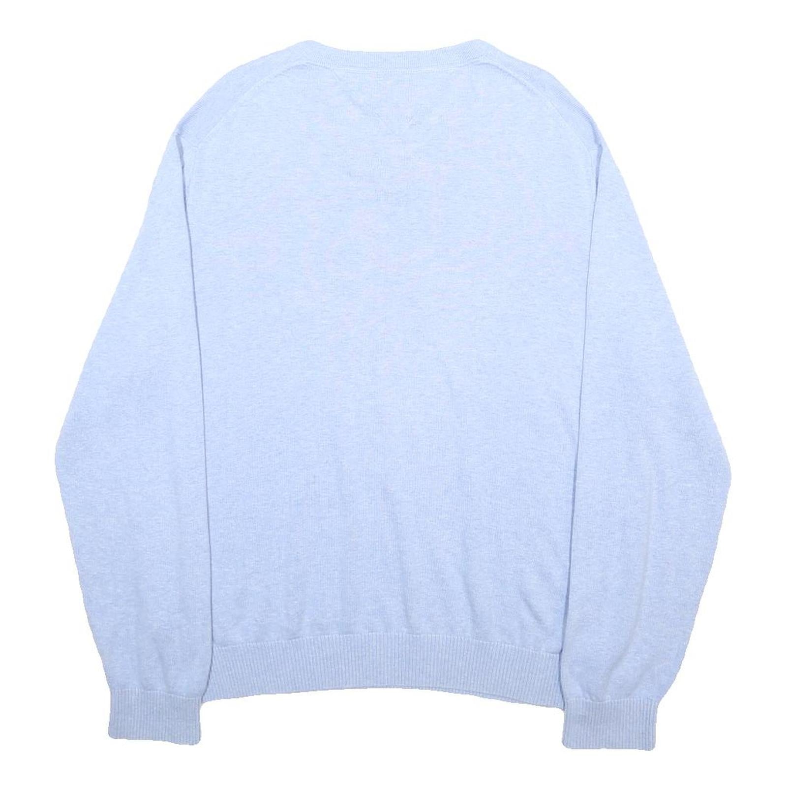TOMMY HILFIGER Mens Blue Plain Cotton Jumper V-Neck Basic Knit L Casual Wear