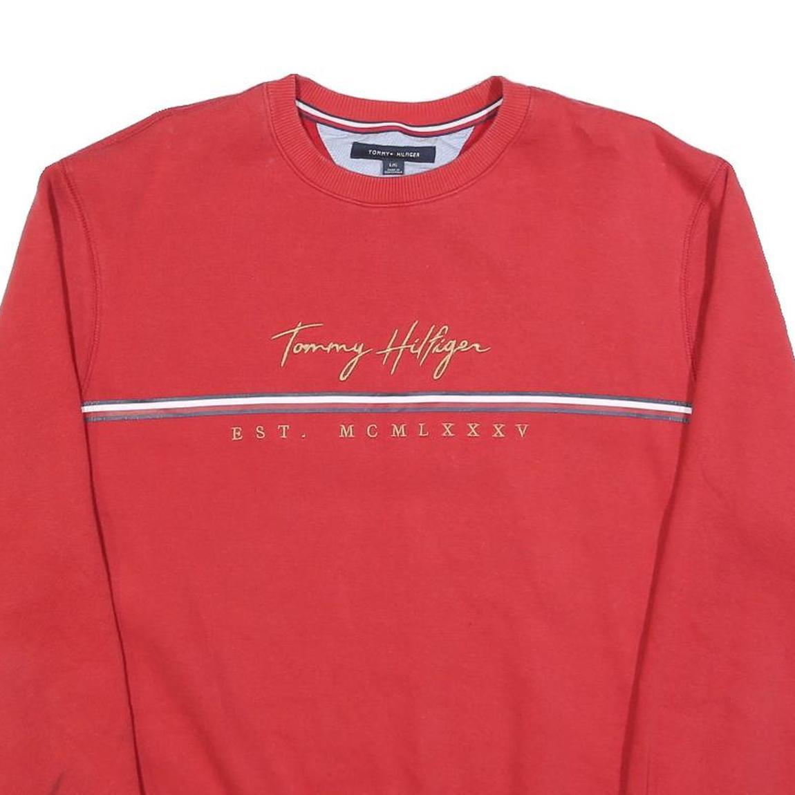 TOMMY HILFIGER Mens Red Crew Neck L Sweatshirt Cotton Blend Pullover Casual