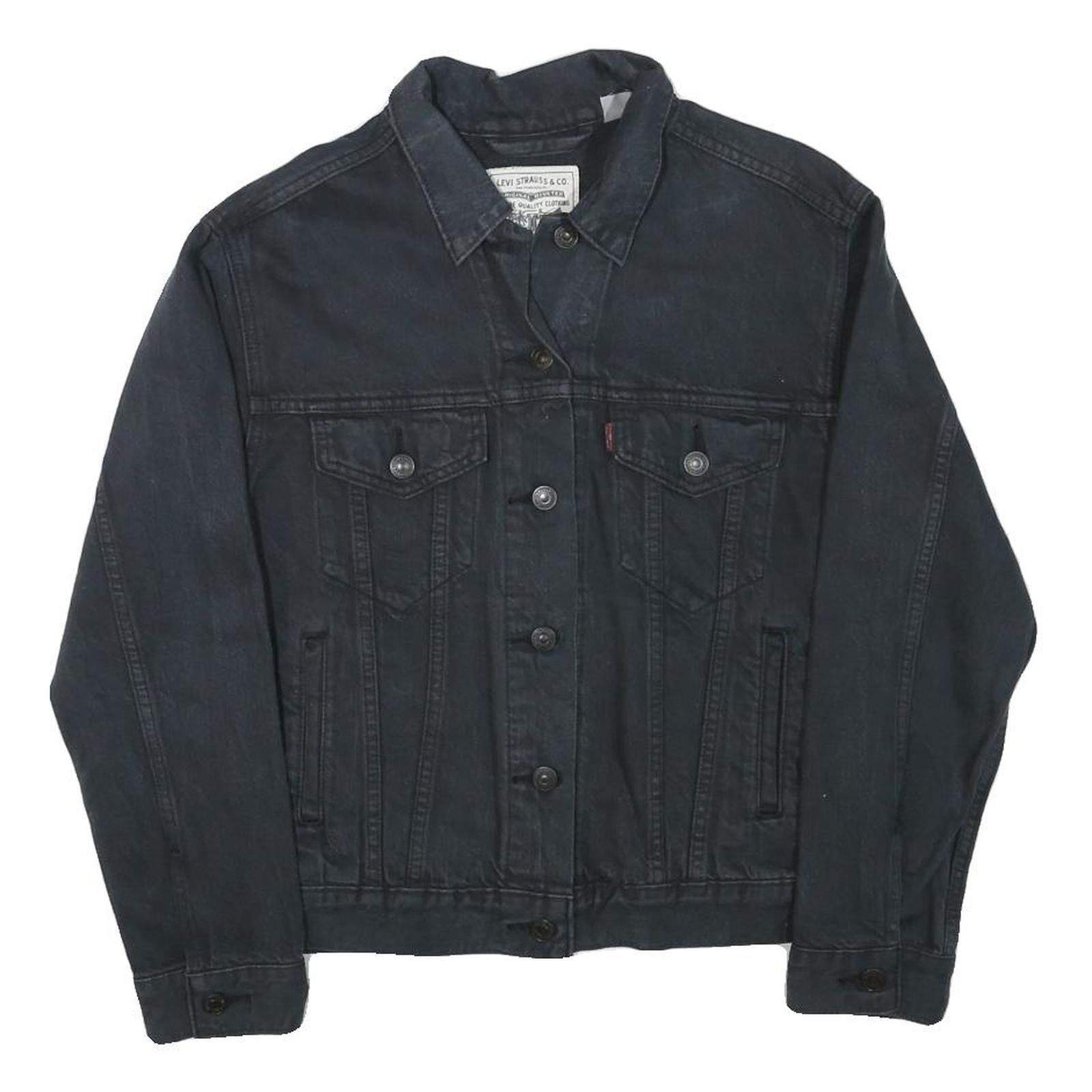 LEVI'S Womens Black Button Denim Jacket S Cotton Blend Wave Embroidered