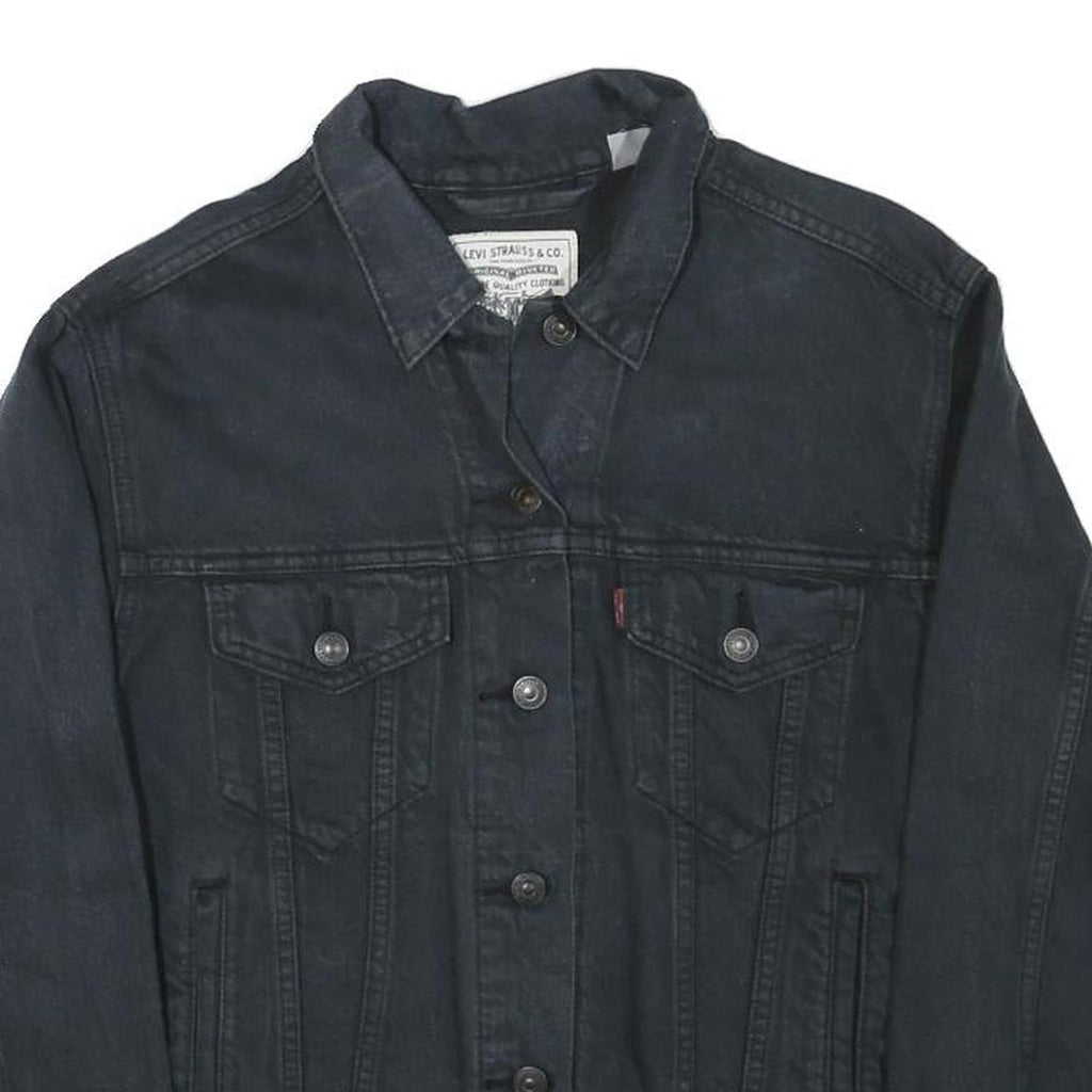 LEVI'S Womens Black Button Denim Jacket S Cotton Blend Wave Embroidered