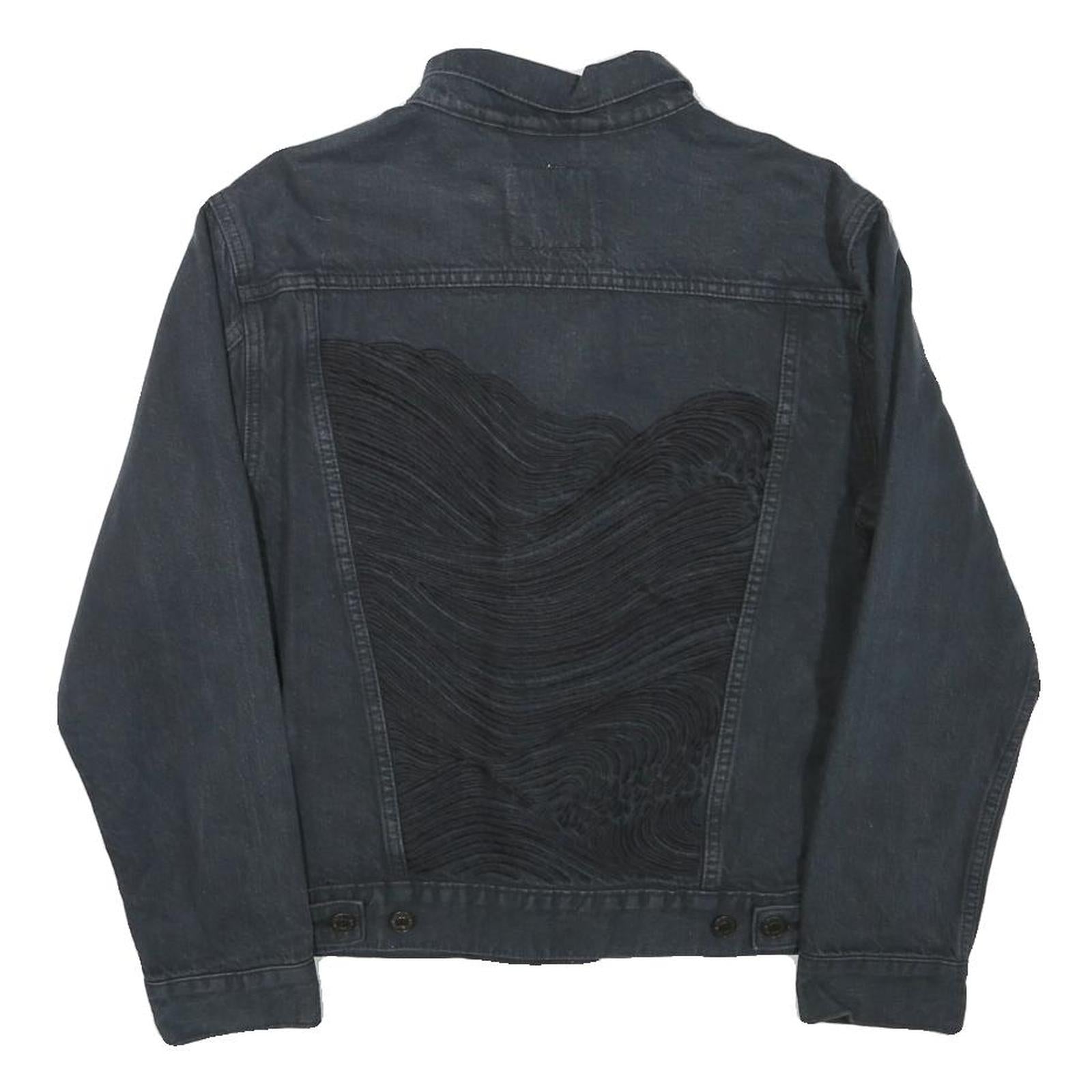 LEVI'S Womens Black Button Denim Jacket S Cotton Blend Wave Embroidered