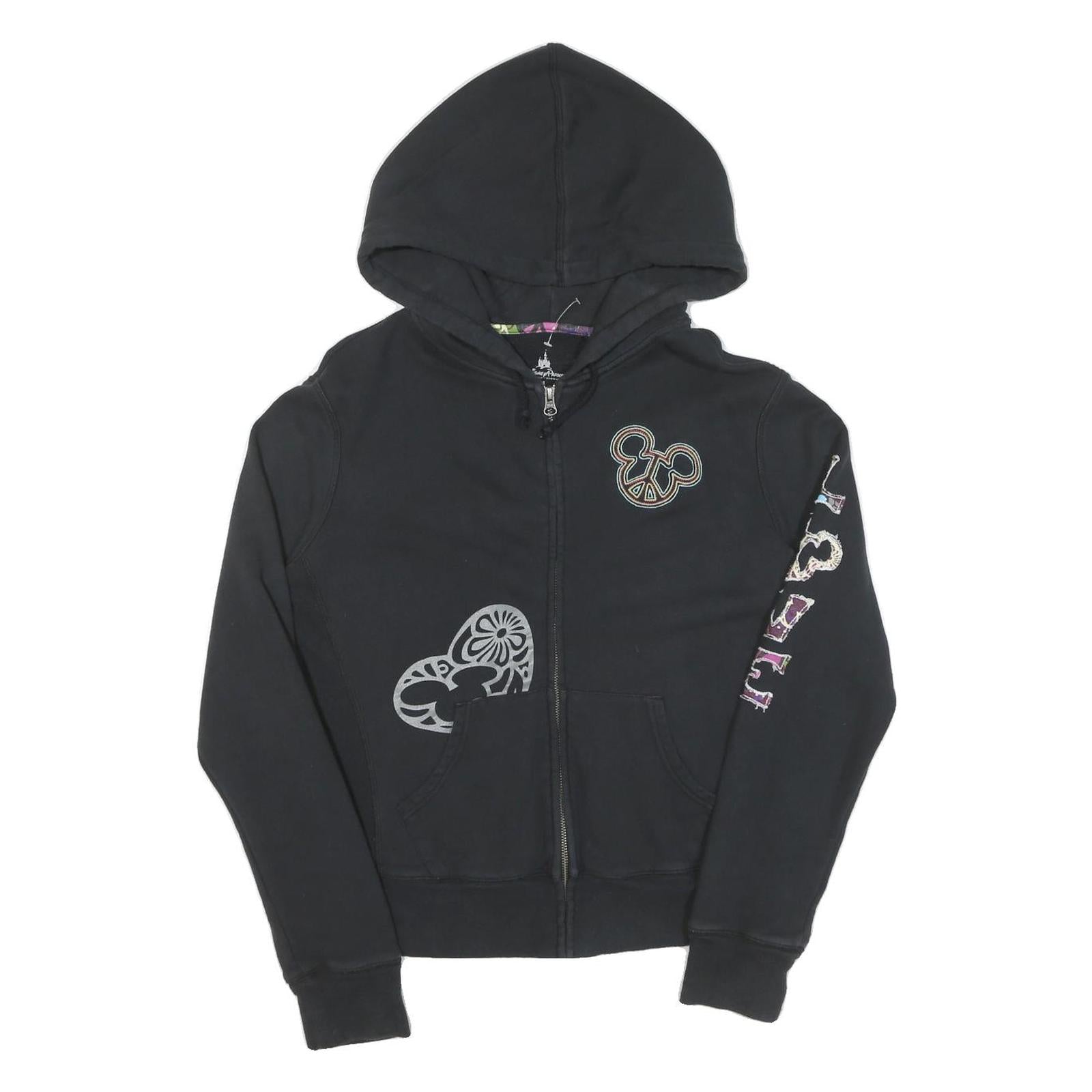DISNEY Womens Black Cotton Zip Hoodie M Mickey Mouse Print Casual