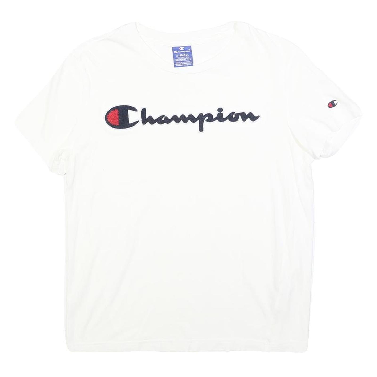 CHAMPION Womens White Short Sleeve Crew Neck Logo Script XS Cotton Blend T-Shirt