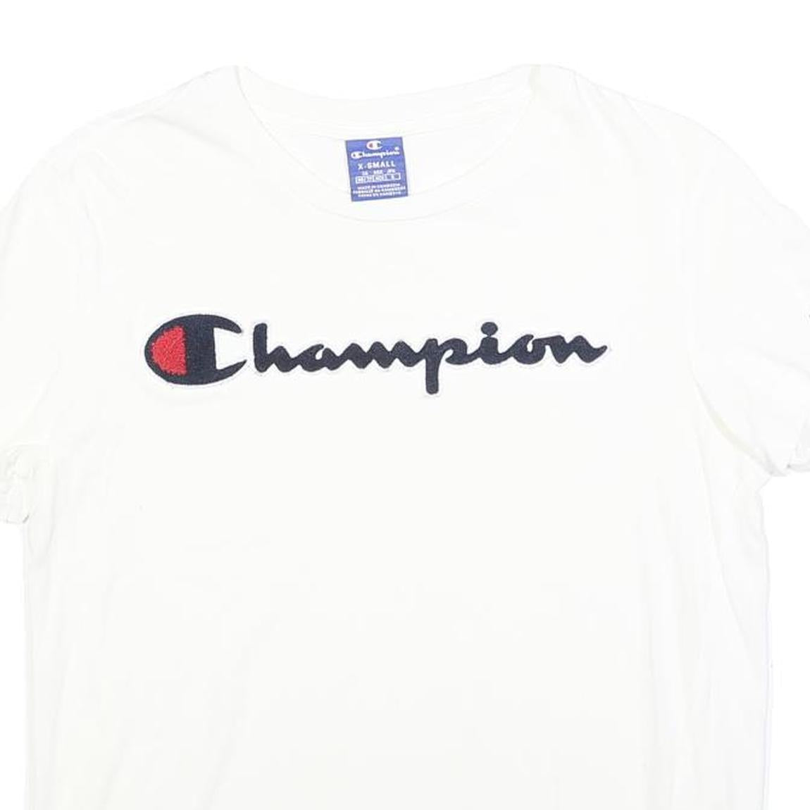 CHAMPION Womens White Short Sleeve Crew Neck Logo Script XS Cotton Blend T-Shirt