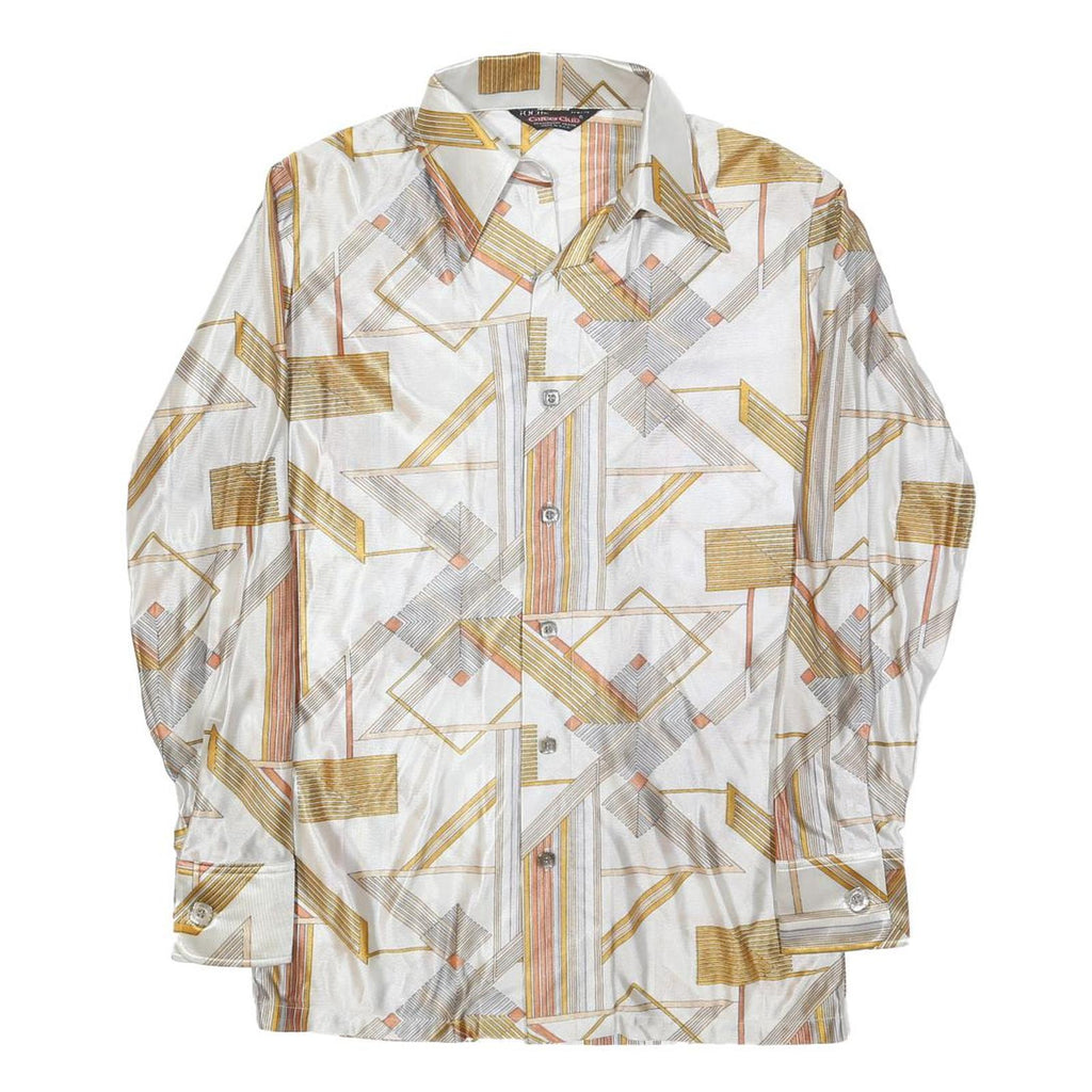 CAREER CLUB Mens White & Gold Geometric Pattern Shirt S Polyester Long Sleeve