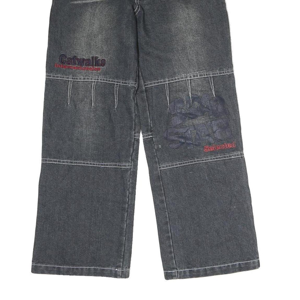 COCKY Mens Regular Fit Black Denim Jeans W26 L24 Embroidered Patchwork Zip