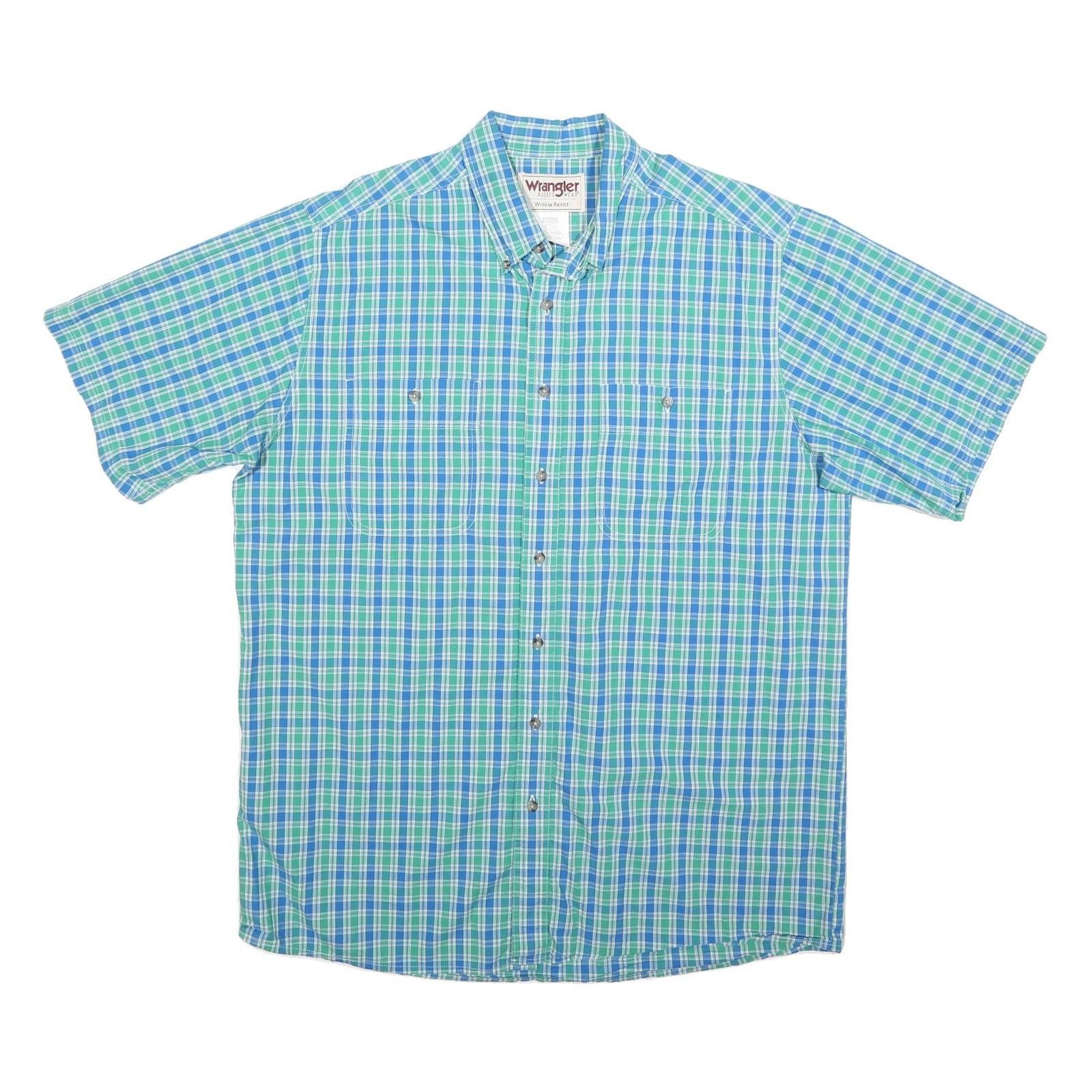 WRANGLER Mens Blue Green Check Shirt XL Button Short Sleeve Casual Cotton