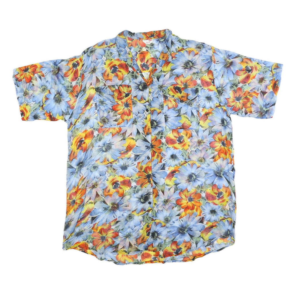 USGHERR Womens Blue & Orange Floral Printed Shirt Short Sleeve V-Neck XL Cotton
