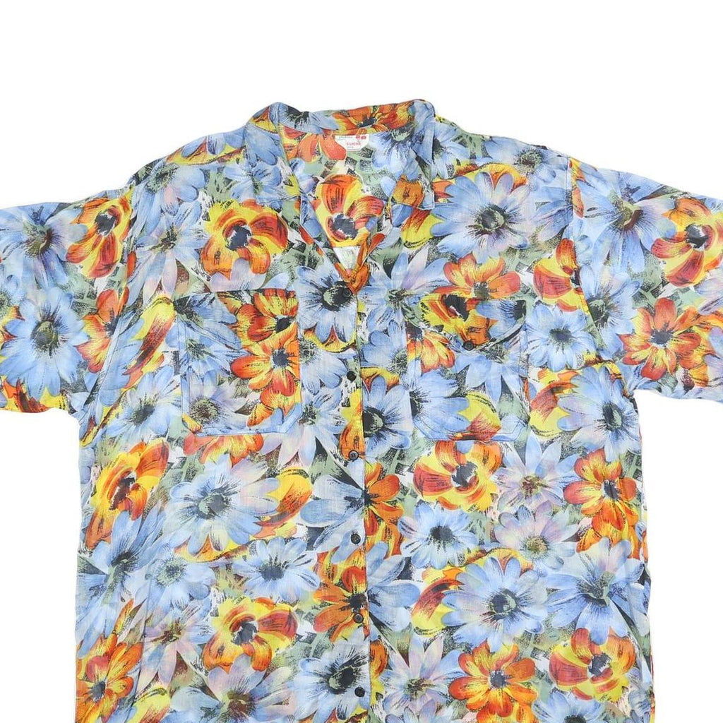USGHERR Womens Blue & Orange Floral Printed Shirt Short Sleeve V-Neck XL Cotton