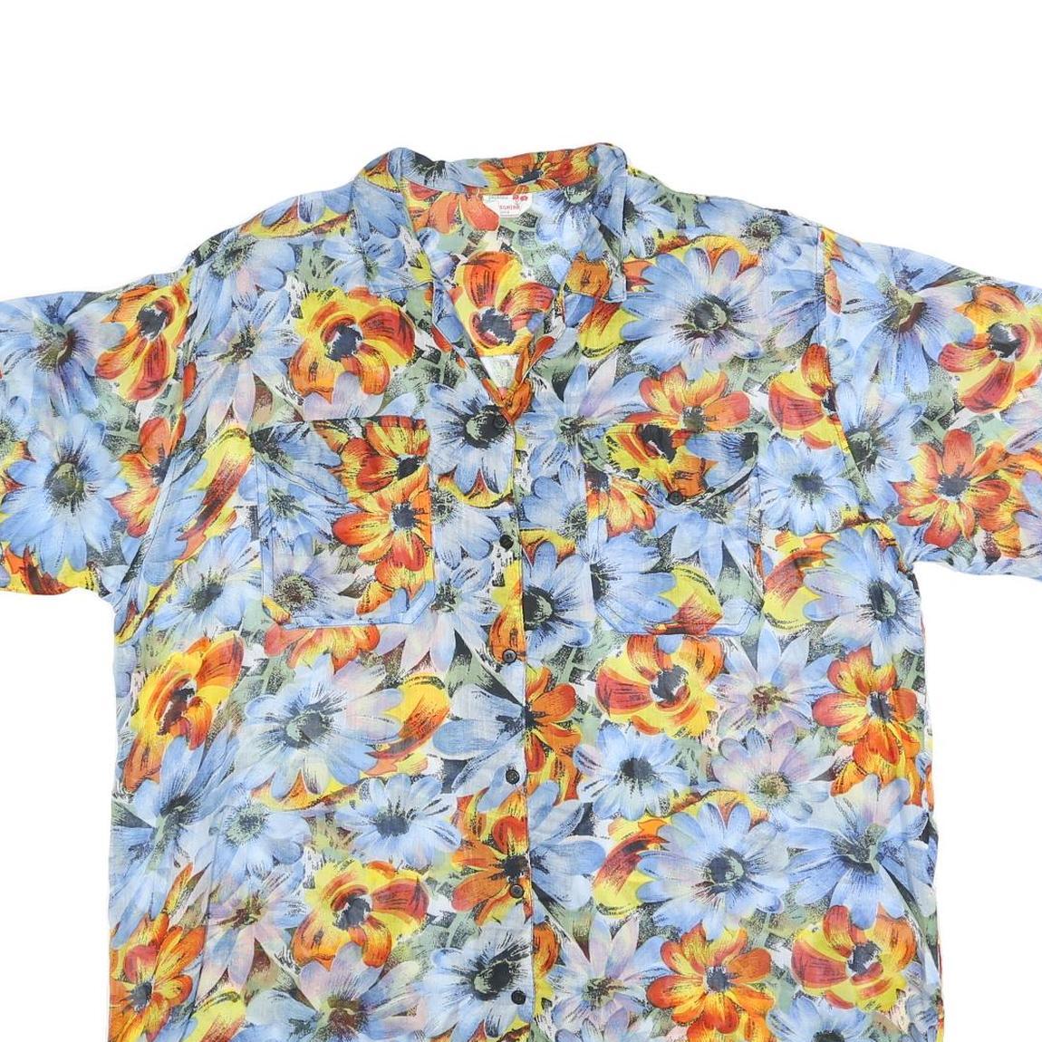 USGHERR Womens Blue & Orange Floral Printed Shirt Short Sleeve V-Neck XL Cotton
