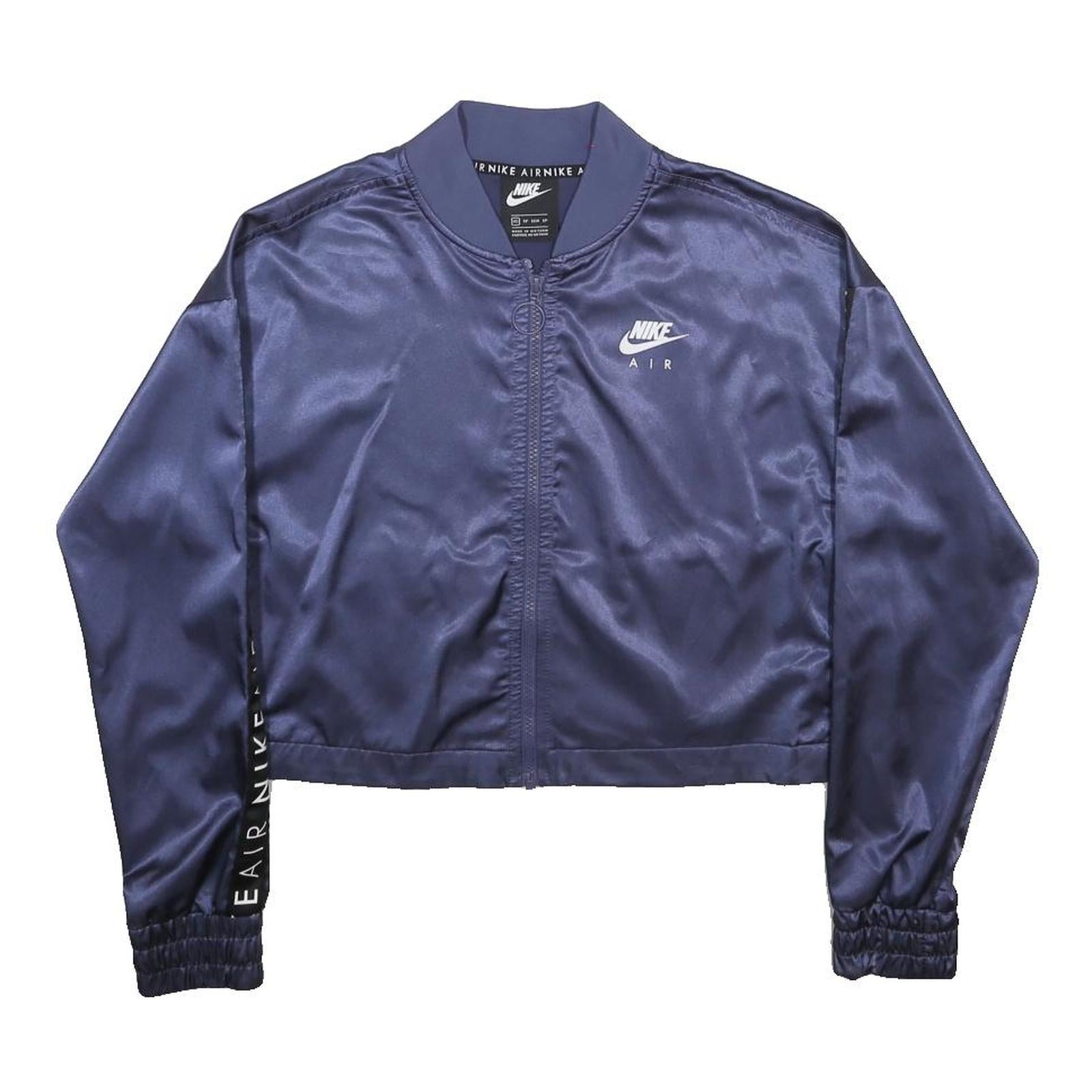 NIKE Womens Blue Satin Bomber Jacket XS Polyester Blend Cropped Zip Sportswear