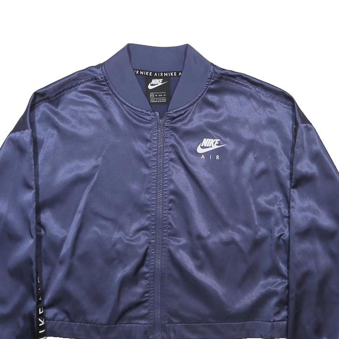 NIKE Womens Blue Satin Bomber Jacket XS Polyester Blend Cropped Zip Sportswear
